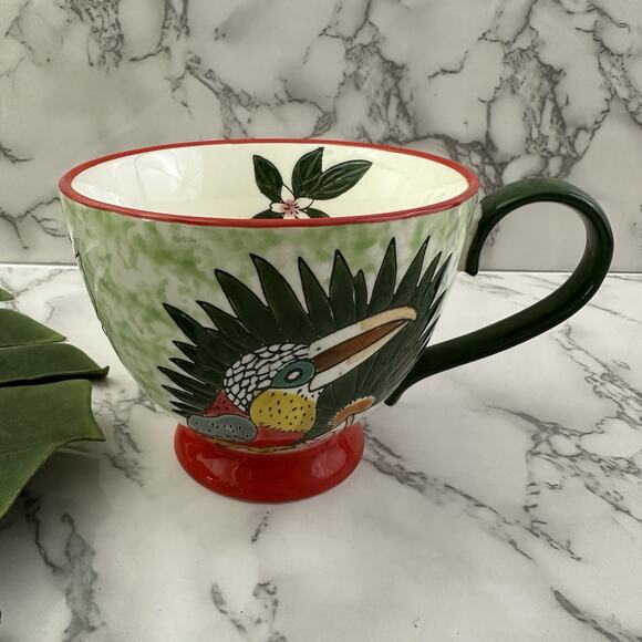 World Market Tropical Toucan Bird Footed Coffee Mug Red Green Etched Embossed - Picture 1 of 7